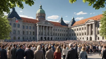 Et bilde av Stortinget med mennesker som stemmer.