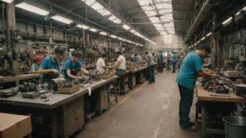 En fabrikk eller verksted hvor mennesker arbeider med å produsere satser, med en bakgrunn av økonomisk, sosialt eller kunstnerisk kontekst.