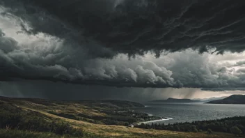 En dramatisk illustrasjon av et stormfullt vær med sterke vinder og mørke skyer