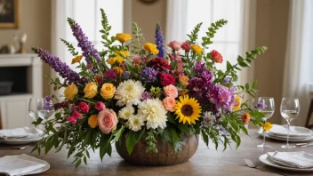 Et dekorativt blomsterarrangement på et bord.