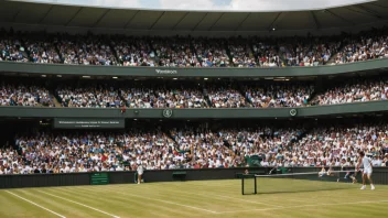 En fullsatt tennisarena med gressbane, Wimbledon-logoen synlig på resultattavlen.