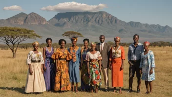 En gruppe zimbabwere står foran en vakker afrikansk landskap.