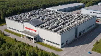 En transformatorfabrikk med elektrisk utstyr og transformatorer utenfor.