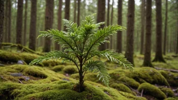 En akvarellillustrasjon av en liten, delikat plante med intrikate detaljer, satt mot en bakgrunn av en tåkete norsk skog.