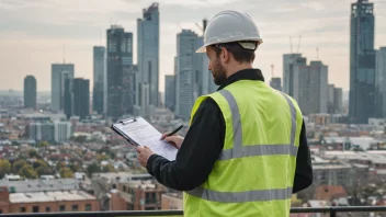 En person i en sikkerhetsvest, holder en clipboard med en sjekkliste, foran en bybakgrunn.