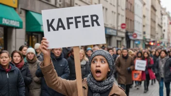 En person protesterer mot bruken av den rasistiske betegnelsen 'kaffer' i en mangfoldig by.