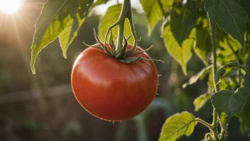 En moden tomat på en plante med sollys