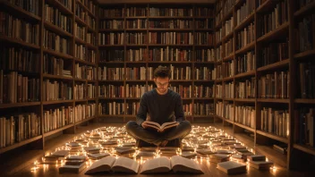 Et fredelig og rolig bilde av en person som søker kunnskap i et bibliotek.