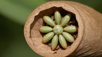 En frøbelg på en plante, med frøene synlige inne.