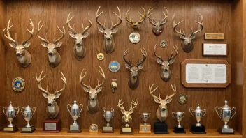 En trofévitrine fylt med ulike troféer og medaljer, som symboliserer prestasjoner og minner.