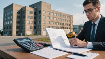 En person som beregner kostnader med en kalkulator og en notatbok, med en fabrikk eller kontorbygning i bakgrunnen.