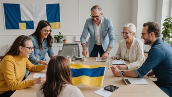 En gruppe mennesker fra ulike bakgrunner og aldre samlet rundt et bord, arbeider sammen og ler, med et svensk flagg i bakgrunnen.