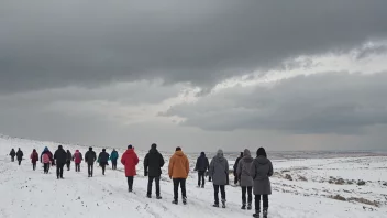 Et vinterlandskap med mennesker som tørster kulden