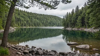 En innsjøkant med en blanding av sand, steiner og trær, der vannkanten møter landet.