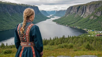 En person som bærer en tradisjonell norsk Borch i et naturskjønt landskap.