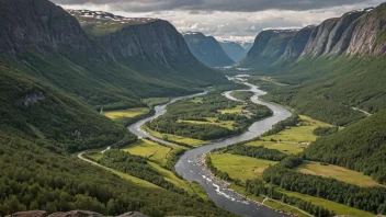 Et pittoreskt dal i Norge med en fredelig atmosfære.