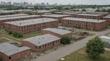 Et bilde av et område med brakker, med en blanding av boliger og industribygninger i bakgrunnen.