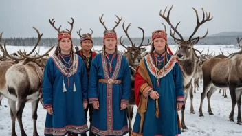 En gruppe skoltsamer i tradisjonelle klær, stående foran en reinsdyrflokk i et snølandskap.