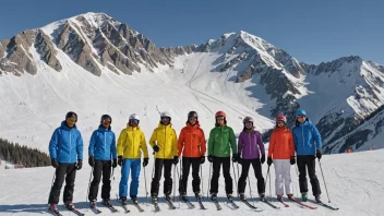 En gruppe mennesker i skitøy, stående foran et fjell med en slalåmbane