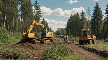 Skogområde som ryddes av en maskin, med arbeidere i bakgrunnen.