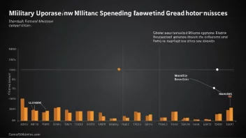 En graf som viser økningen i militære utgifter mellom to nasjoner, med en bakgrunn av missiler og tanks.