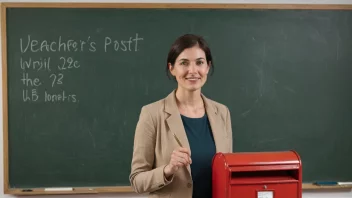 En lærer som står foran en tavle, med en postkasse eller en postboks i bakgrunnen.