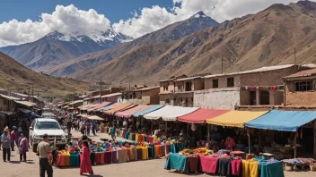 Et livlig marked i Bolivia med lokale innbyggere i tradisjonelle klær, omgitt av fargerike tekstiler og åndeløse fjell.