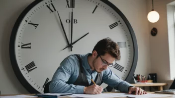 En person sitter ved et skrivebord og arbeider på et prosjekt med papirer og penner spredt rundt. En klokke er synlig i bakgrunnen, noe som indikerer tidsforløp.