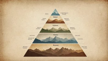 Et bilde av en samfunnspyramide med flere lag, hver representert en annen sosial klasse eller gruppe, mot en subtil bakgrunnsstruktur som ligner på et norsk landskap.
