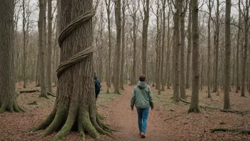 En person som går i skogen og oppdager et spesielt trekk ved et tre.