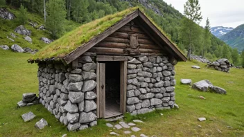 En liten, rustikk kolgrov i et fjellandskap, med en tre-dør og en stein-tak.