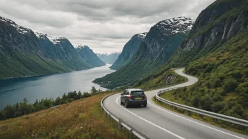 En bil kjører ned en naturskjønn vei i Norge.