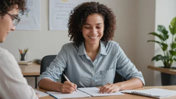 En person som sitter ved et skrivebord og skriver en rapport med et stort smil på ansiktet, omgitt av lyse og positive elementer som blomster, solskinn og fargerike dekorasjoner.