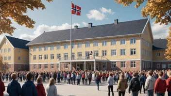 Et bilde av en norsk skolebygning med et norsk flagg som vifter i vinden, omgitt av elever og lærere.