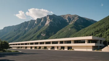 En bred, flat side av en bygning eller et fjell med et naturskjønt landskap i bakgrunnen.