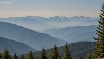 En svepe over et fjell med noen trær i forgrunnen.