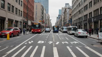 Et bilde som illustrerer begrepet trafikkspørsmål, med ulike transportmidler og fotgjengere i en by.