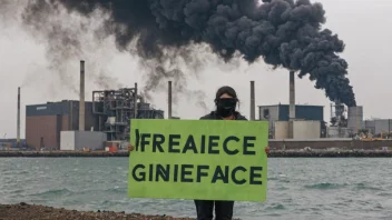 En Greenpeace-aktivist som holder et skilt med teksten 'Redd planeten' foran en forurenset sjø og en fabrikk som slipper ut røyk