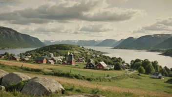 Et pittoreskt norsk landskap med en liten bosetning og en kvern.