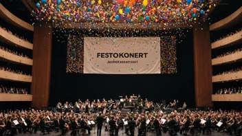 En festlig konsert med et symfoniorkester på scenen.