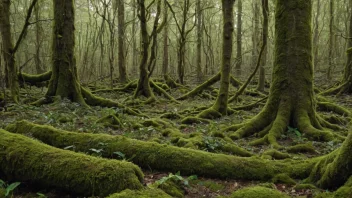 En skog med overgrodd vegetasjon, med vinranker og mose som dekker trær og bakken.