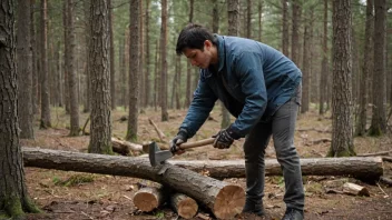 En person hugger ved med en øks i en skog, med trær og vedflis i bakgrunnen.