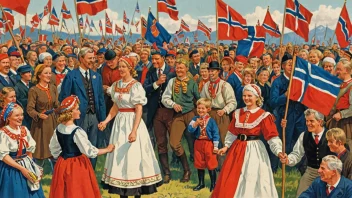 En festlig scene av en norsk jubileumsfeiring med mennesker i alle aldre samlet sammen, vinker flagg og bærer tradisjonelle klær.