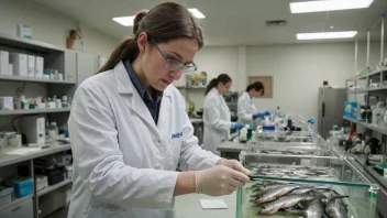 En fiskebiolog som studerer fisk i et laboratorium eller i felten.