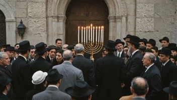 En gruppe jøder samlet rundt en menorah, med en synagoge i bakgrunnen.