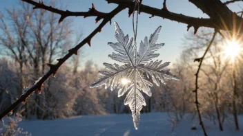 En vakker iskrystall henger fra en gren, med solen skinnende gjennom den.