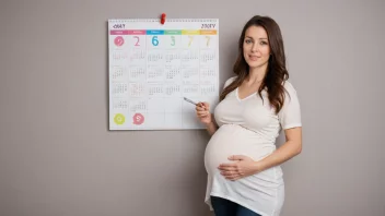 En gravid kvinne med en kalender eller en tidslinje i bakgrunnen, som viser de forskjellige stadiene av fosterutviklingen.