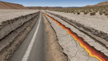 En geologisk forkastning med en datagenerert modell av forkastningen i bakgrunnen.