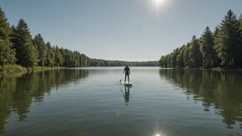 En person som står på et seilbrett midt på en innsjø, med en solfylt himmel og trær i bakgrunnen.