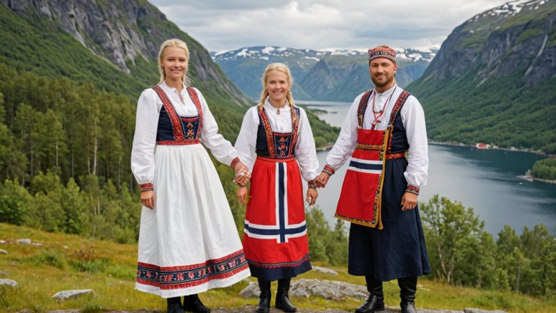 norsk kultur, kulturelle symboler, folklore, tradisjonelle klær, nasjonalflagg, natur